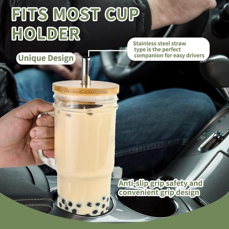 24oz Handle Wooden Lid Glass Straw Cup