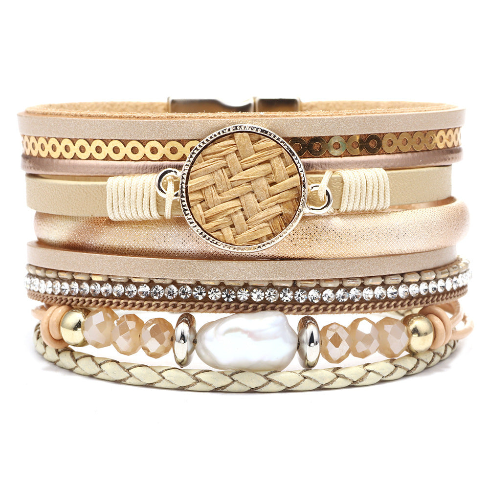 Women's Leather Bracelet With Magnetic Buckle And Diamonds