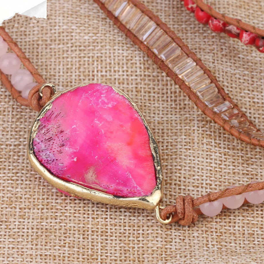 Pink Coral Leather Bracelet with Bohemian Beads