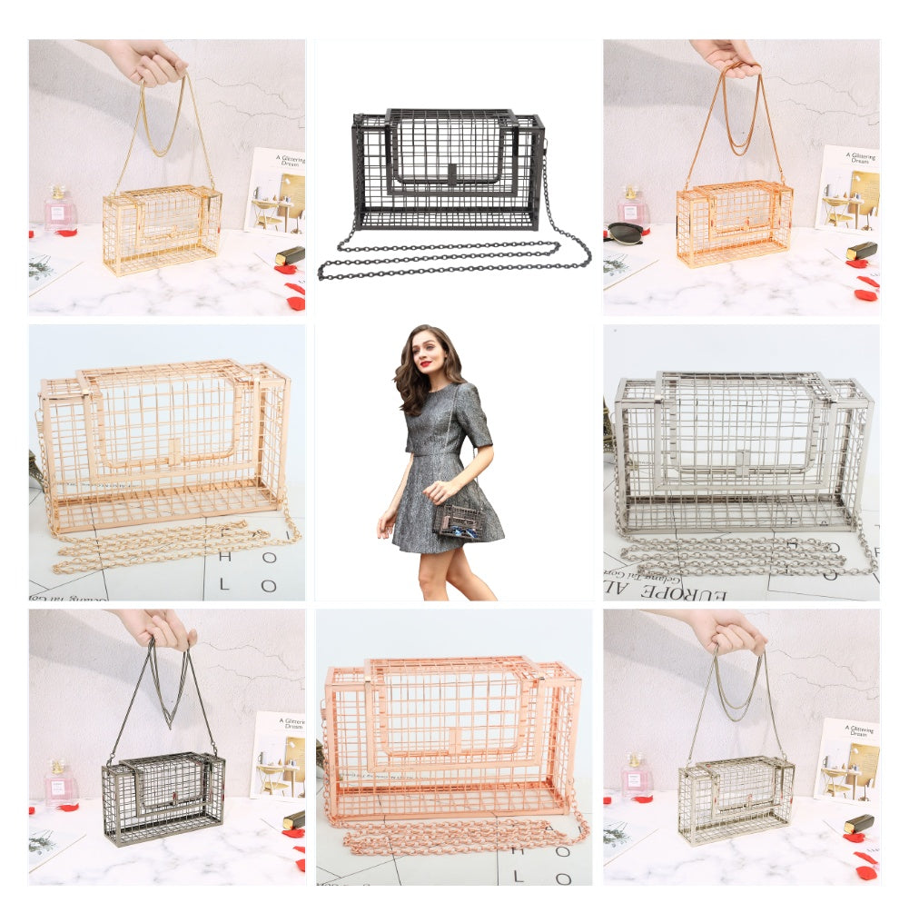 Metal hollow shoulder bag European and American fashion clutch iron mesh chain messenger dinner bag