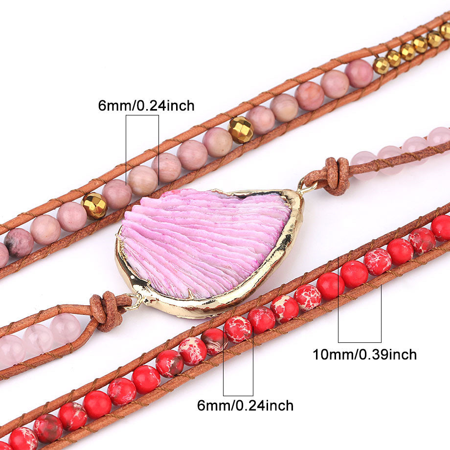 Pink Coral Leather Bracelet with Bohemian Beads