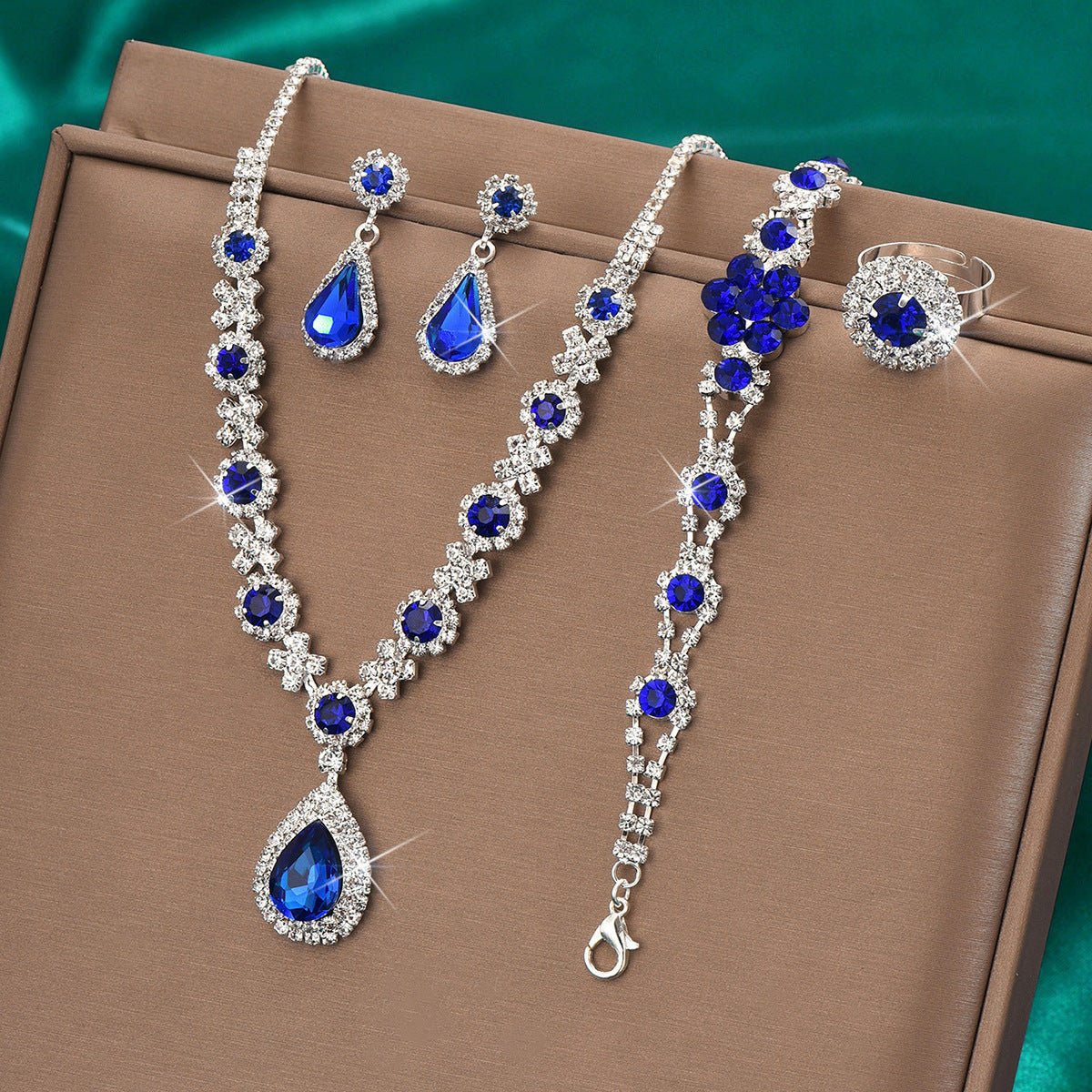 High-grade Crystal Gem Women's Water Drop Necklace Ear Stud Bracelet Ring