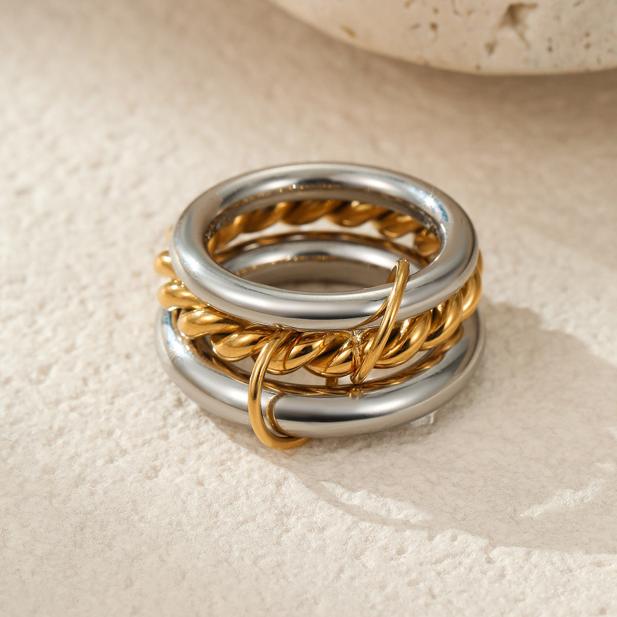 Stacked Color Matching Stainless Steel Ring Set 18K Gold Plating Exaggerated Personalized Hand Jewelry