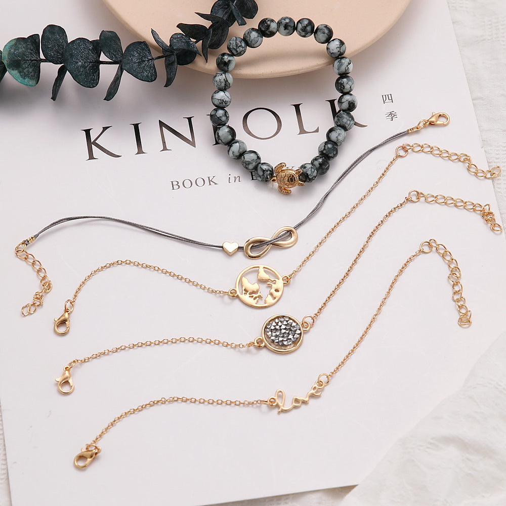 Popular Personality Tortoise World Map Peach Heart Bracelet Set Five-piece Set