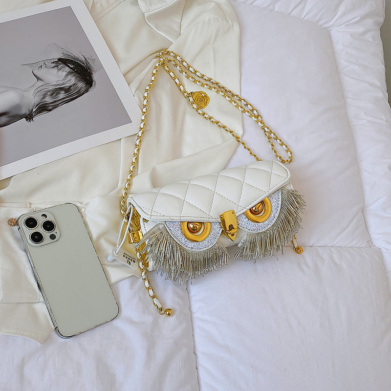 Women's Fashion Rhombus Tassel Owl-shaped Shoulder Chain Bag