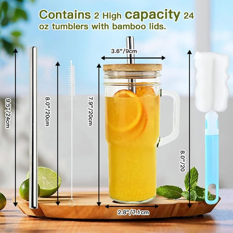 24oz Handle Wooden Lid Glass Straw Cup