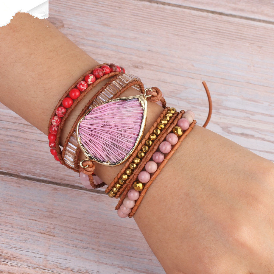 Pink Coral Leather Bracelet with Bohemian Beads