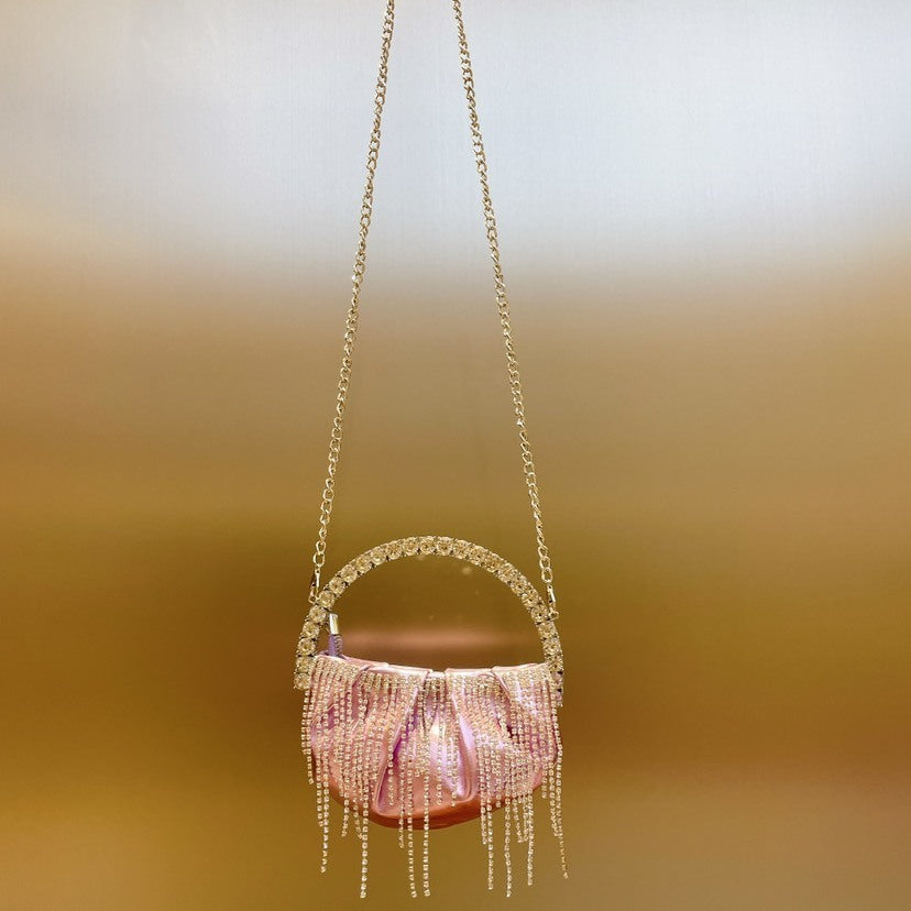 Rhinestone Tassel Pleated Mini Shoulder Messenger Bag