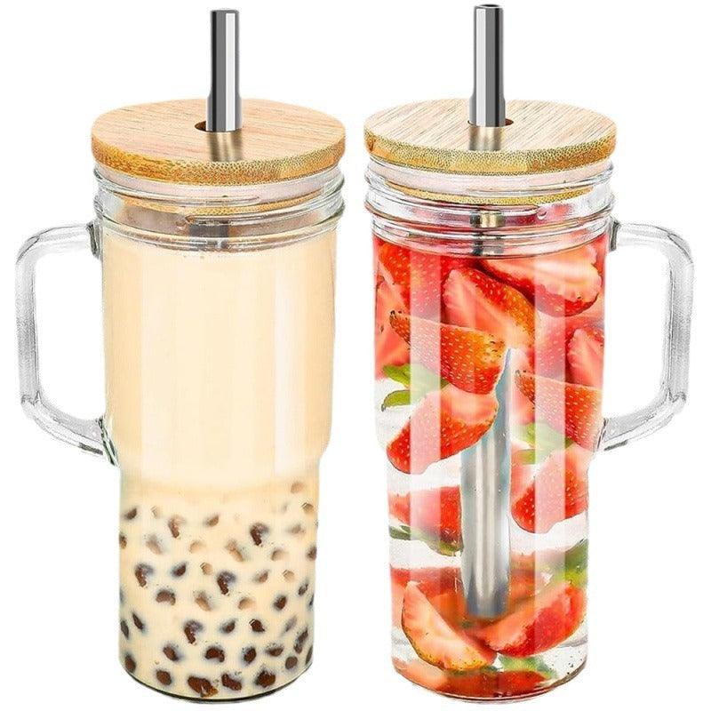 24oz Handle Wooden Lid Glass Straw Cup