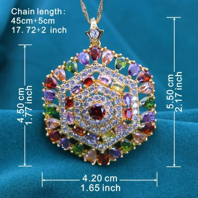 Hexagonal Design Color Zircon Pendant Necklace