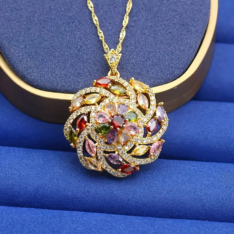 Spiral Design Color Zircon Pendant Necklace Light Luxury