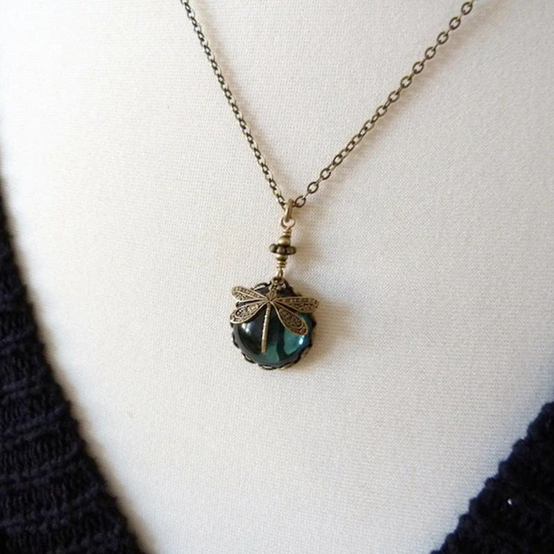 Vintage Bronze Hand Carved Dragonfly Pendant Necklaces For W