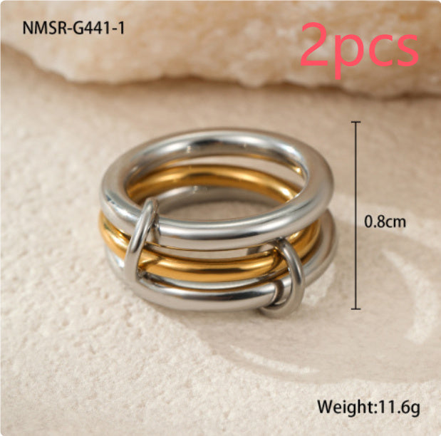 Stacked Color Matching Stainless Steel Ring Set 18K Gold Plating Exaggerated Personalized Hand Jewelry