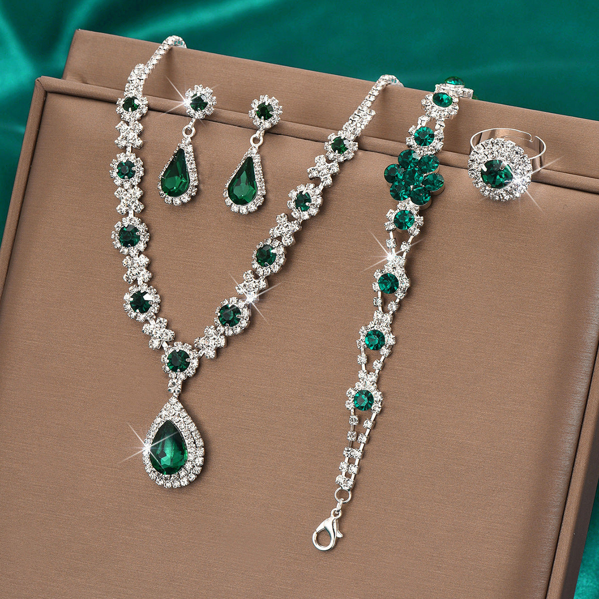 High-grade Crystal Gem Women's Water Drop Necklace Ear Stud Bracelet Ring