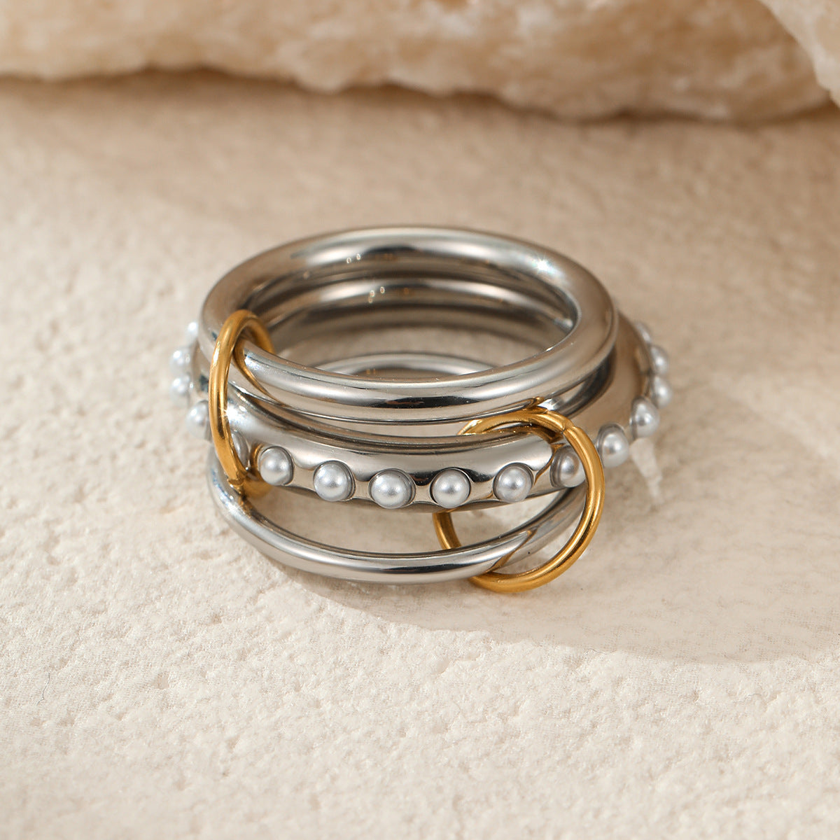 Stacked Color Matching Stainless Steel Ring Set 18K Gold Plating Exaggerated Personalized Hand Jewelry