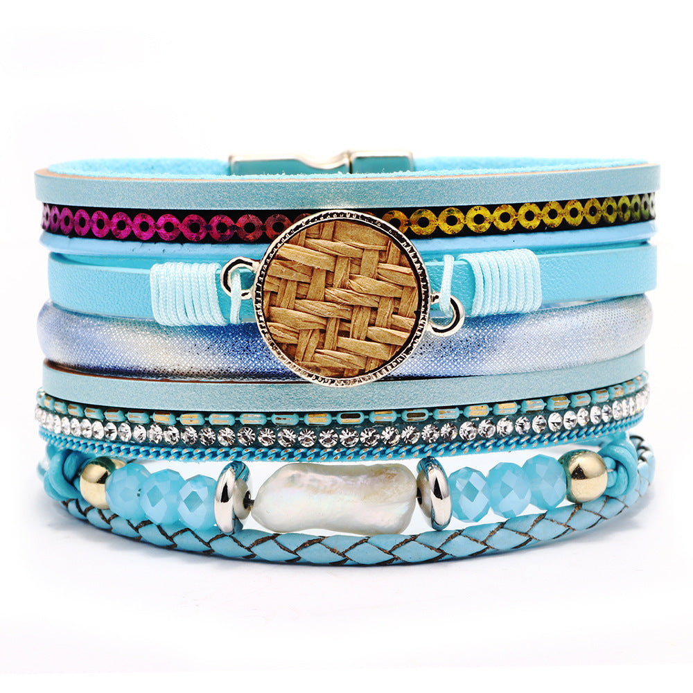 Women's Leather Bracelet With Magnetic Buckle And Diamonds