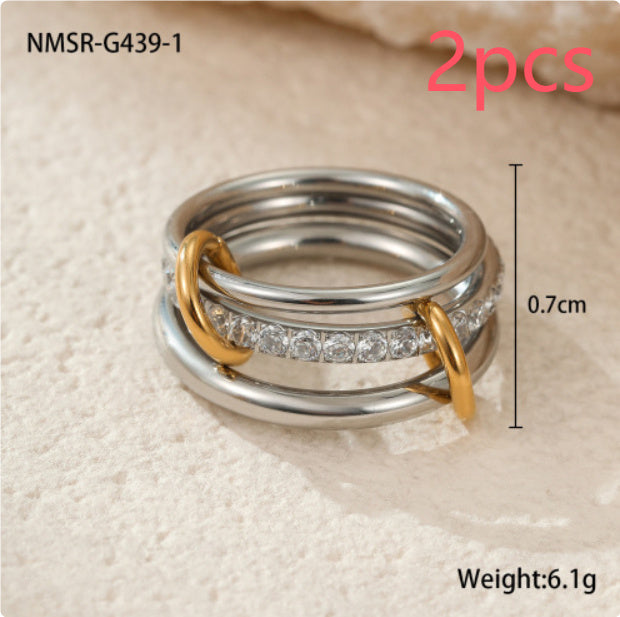 Stacked Color Matching Stainless Steel Ring Set 18K Gold Plating Exaggerated Personalized Hand Jewelry