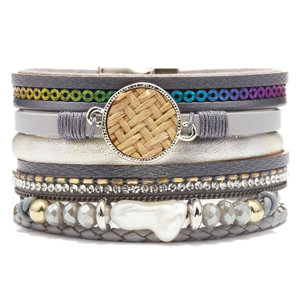 Women's Leather Bracelet With Magnetic Buckle And Diamonds
