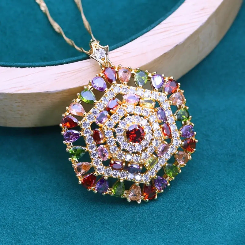 Hexagonal Design Color Zircon Pendant Necklace