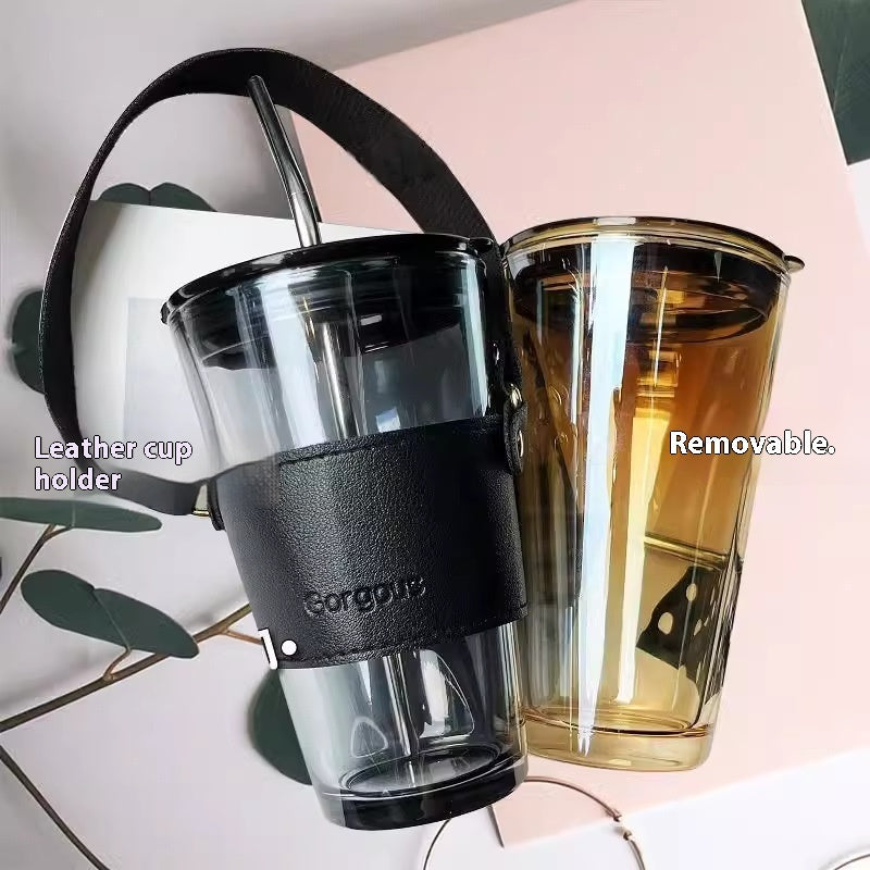 Portable Bamboo Joint Cup Straw Style Glass With Leather Case