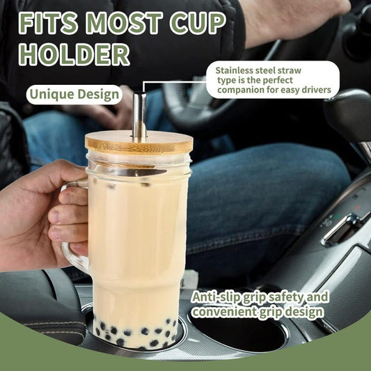 24oz Handle Wooden Lid Glass Straw Cup