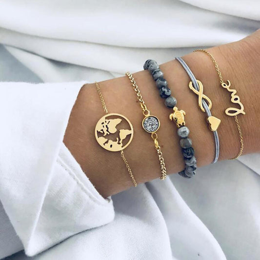 Popular Personality Tortoise World Map Peach Heart Bracelet Set Five-piece Set