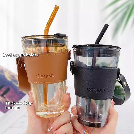 Portable Bamboo Joint Cup Straw Style Glass With Leather Case