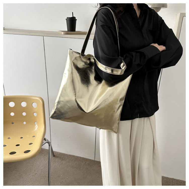 Simple Portable Large Capacity Texture Shiny Shoulder Bag Personality Soft Pu Paint Commuter Tote