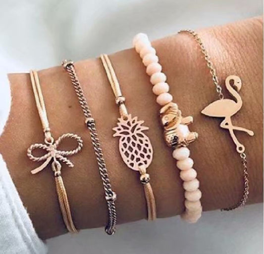 Flamingo pineapple bow bracelet five-piece set