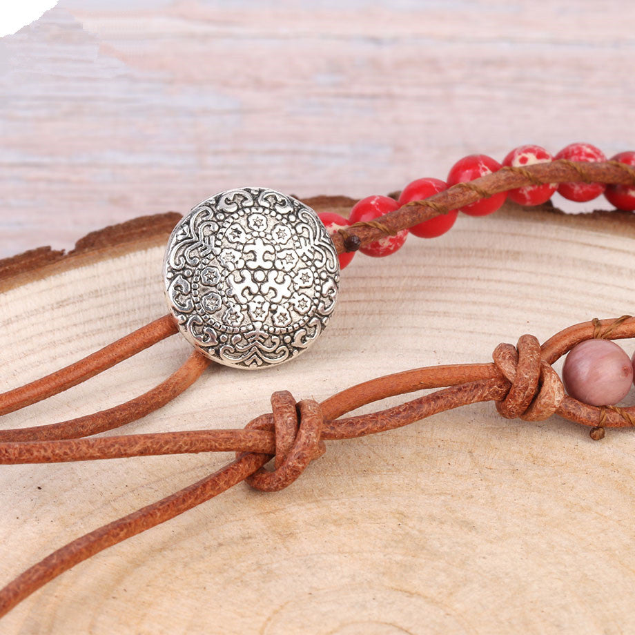 Pink Coral Leather Bracelet with Bohemian Beads