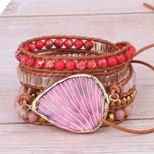 Pink Coral Leather Bracelet with Bohemian Beads