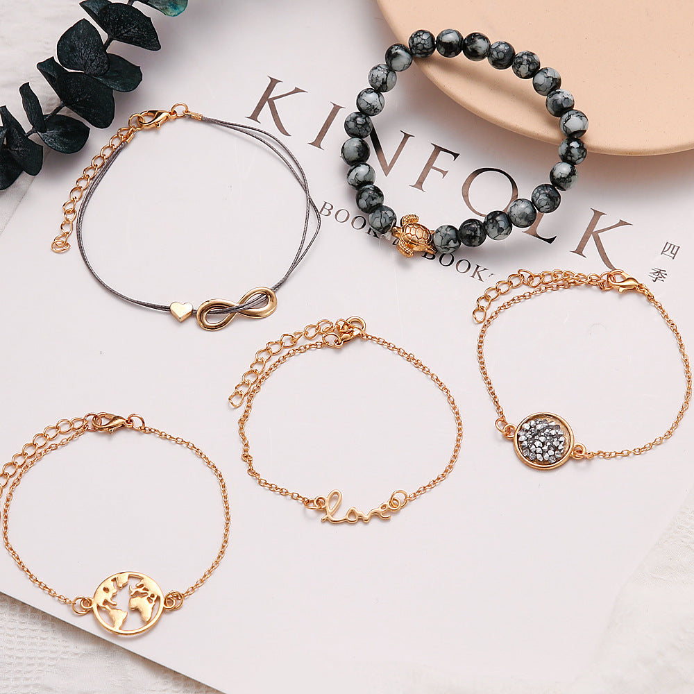 Popular Personality Tortoise World Map Peach Heart Bracelet Set Five-piece Set