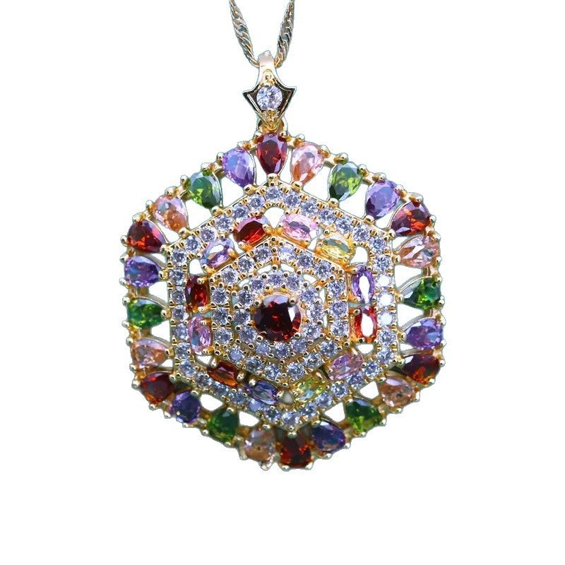 Hexagonal Design Color Zircon Pendant Necklace