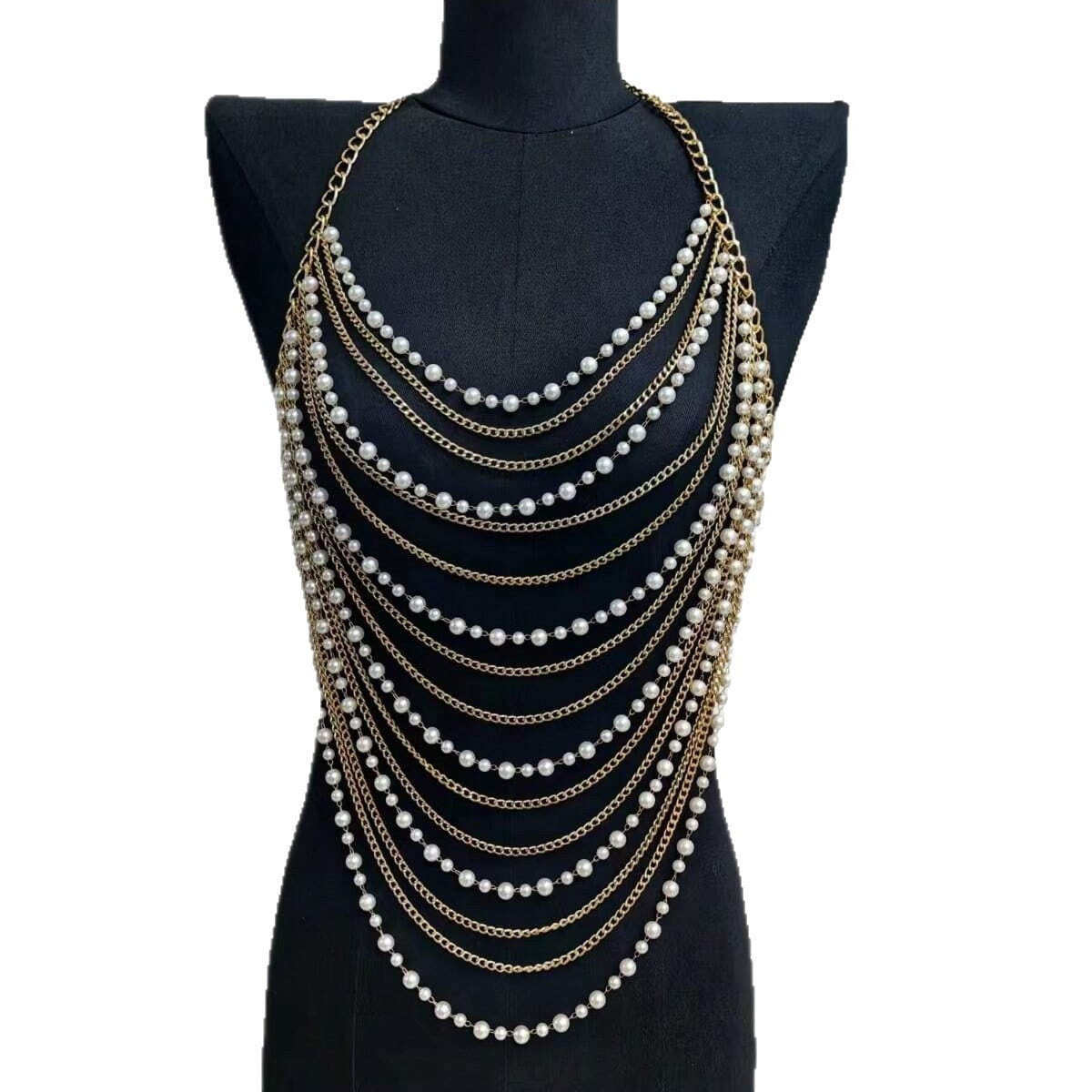 Pearl Ornament Chain Metal Chain Multi-layer Catwalk Performance Bandage Dress