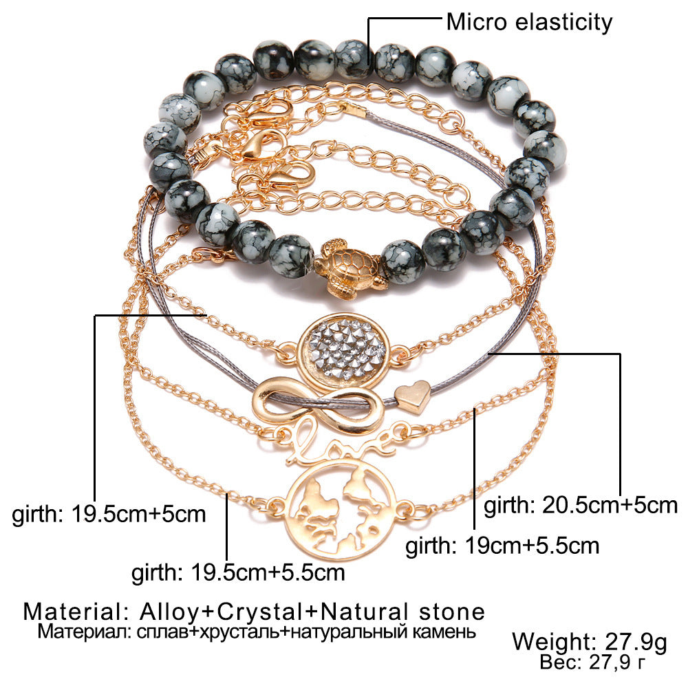 Popular Personality Tortoise World Map Peach Heart Bracelet Set Five-piece Set