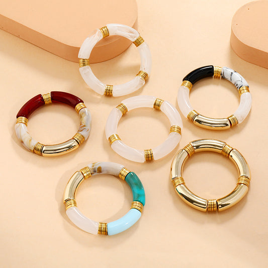Acrylic Curved Bamboo Tube Multi-color Vintage Marbling Bracelet