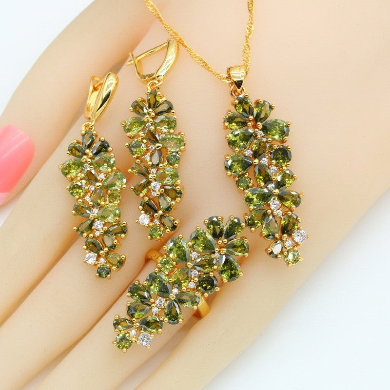 Olive Green Stone Cubic Zirconia Earrings Pendant Necklace Bracelet Ring