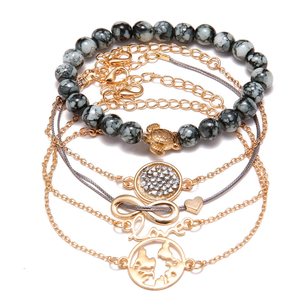 Popular Personality Tortoise World Map Peach Heart Bracelet Set Five-piece Set