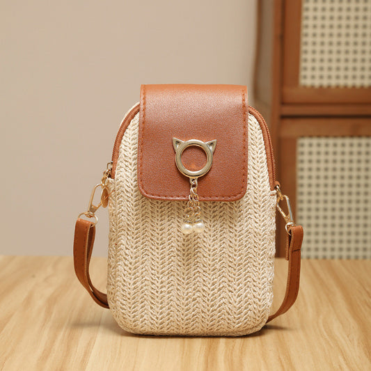 Trendy Straw Mobile Phone Pearl Tassel Bag