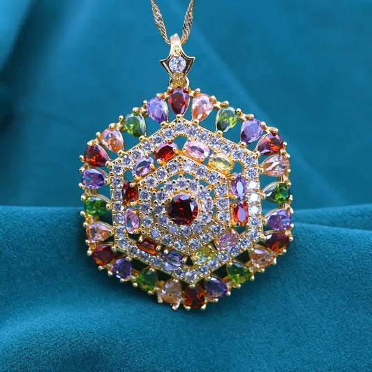 Hexagonal Design Color Zircon Pendant Necklace