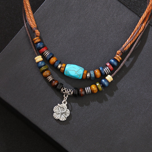 Classic Wooden Bead Necklace Turquoise Wax Rope Retro Necklace