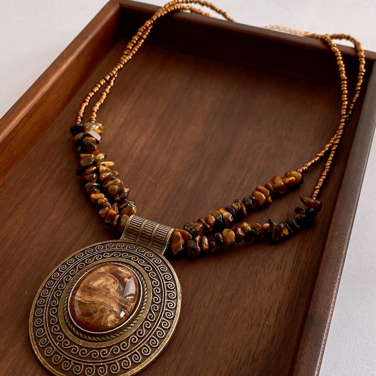Irregular Tiger Eye Stone Oval Pendant Necklace With Retro And Antique Style