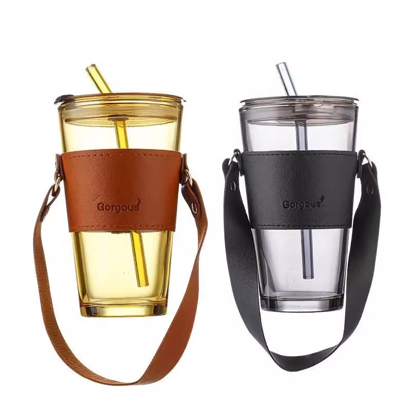 Portable Bamboo Joint Cup Straw Style Glass With Leather Case